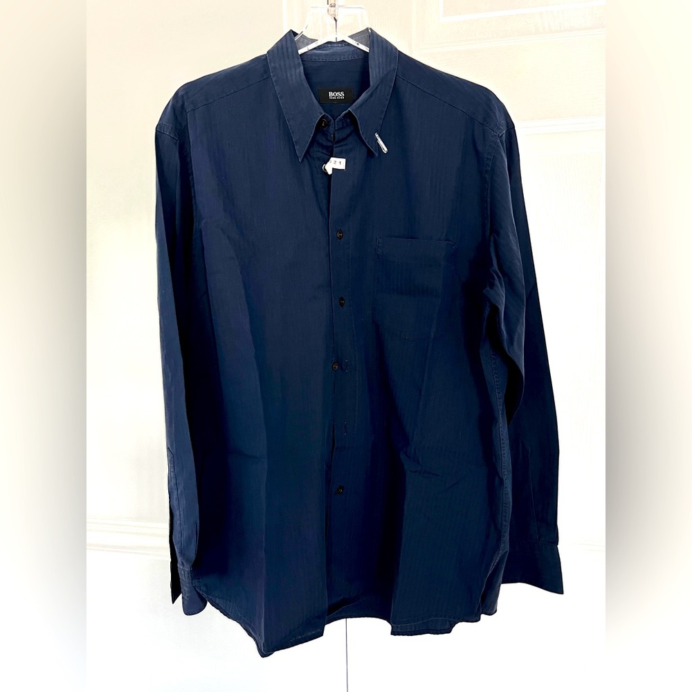 Hugo Boss Linen Dress Shirt Navy stripes pocket regular fit button down Men's 43
